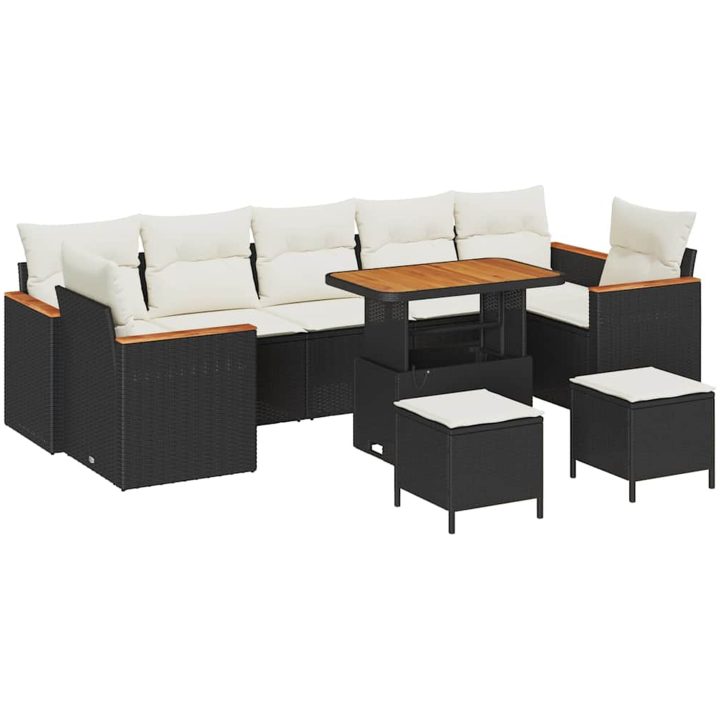 10-dela Trädgårdsoff set med kuddar svart poly rattan akacia vidaXL Stor – bild 2