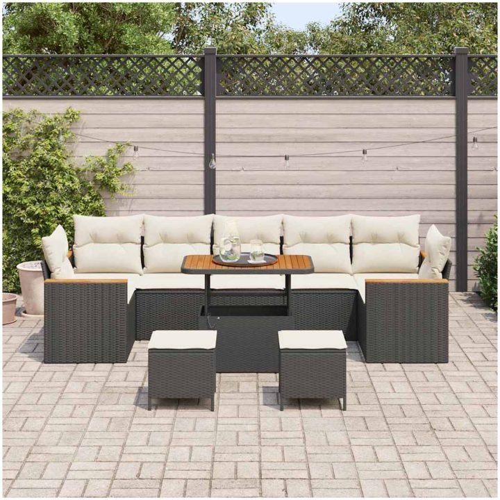 10-dela Trädgårdsoff set med kuddar svart poly rattan akacia vidaXL Stor – bild 3