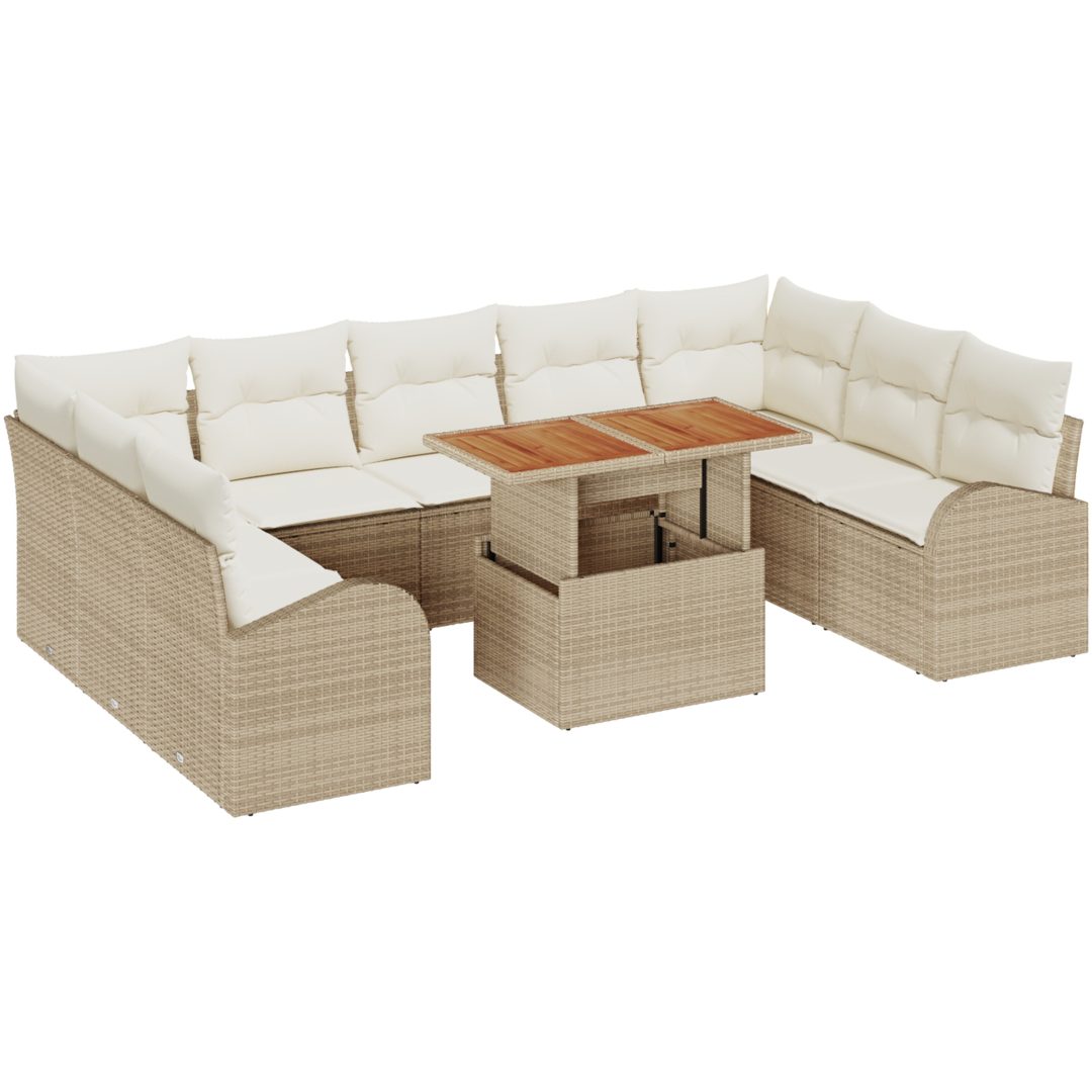 10-delad trädgårdsdining set med dynor Beige Polyrottera Akacia vidaXL 100 x 55 x 73 cm – bild 2