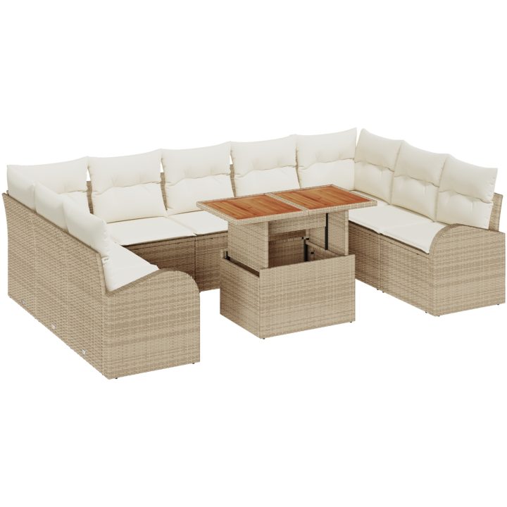 10-delad trädgårdsdining set med dynor Beige Polyrottera Akacia vidaXL 100 x 55 x 73 cm – bild 2