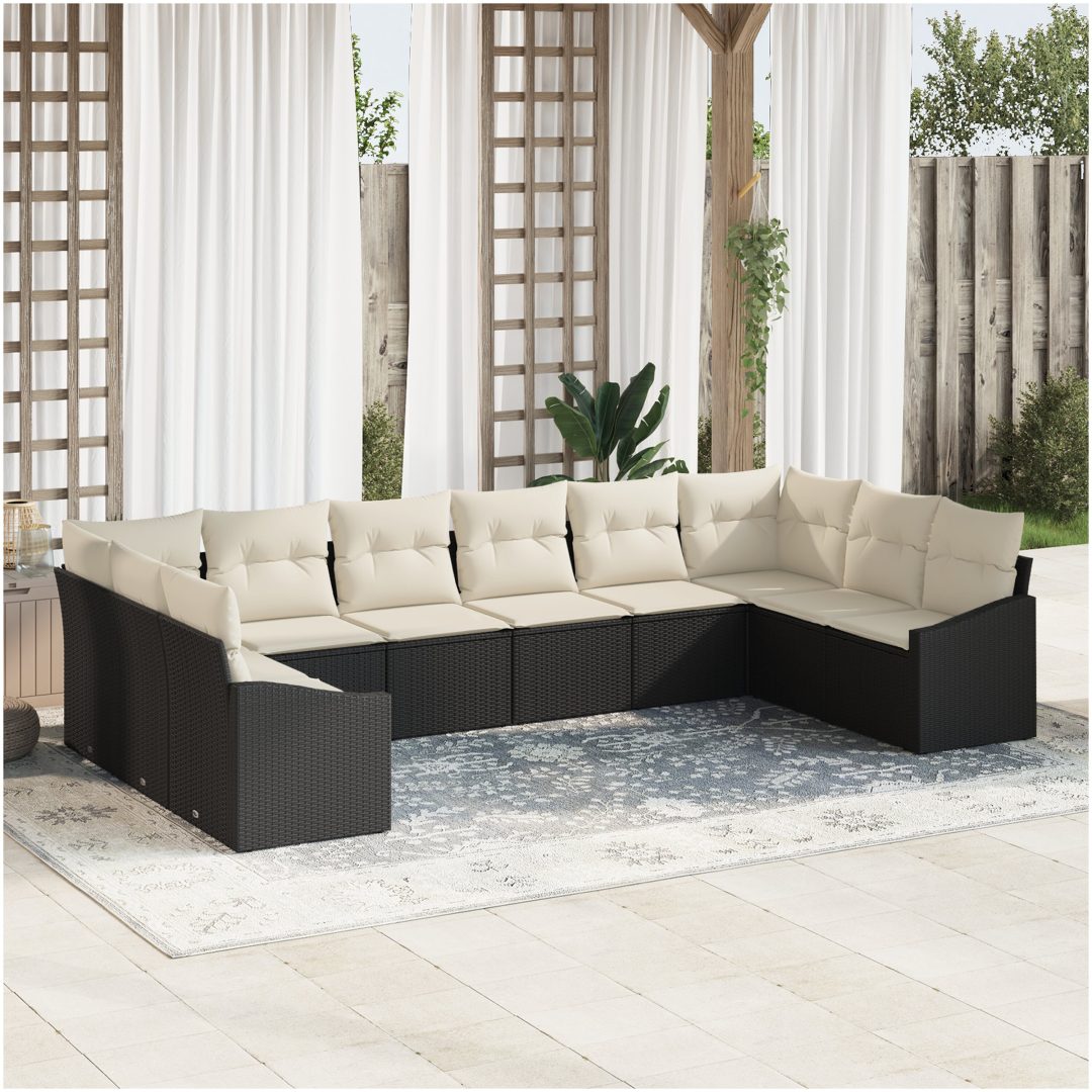 10-delad trädgårdsofa set med kuddar svart poly-rotning vidaXL 344 x 178,5 x 85 cm