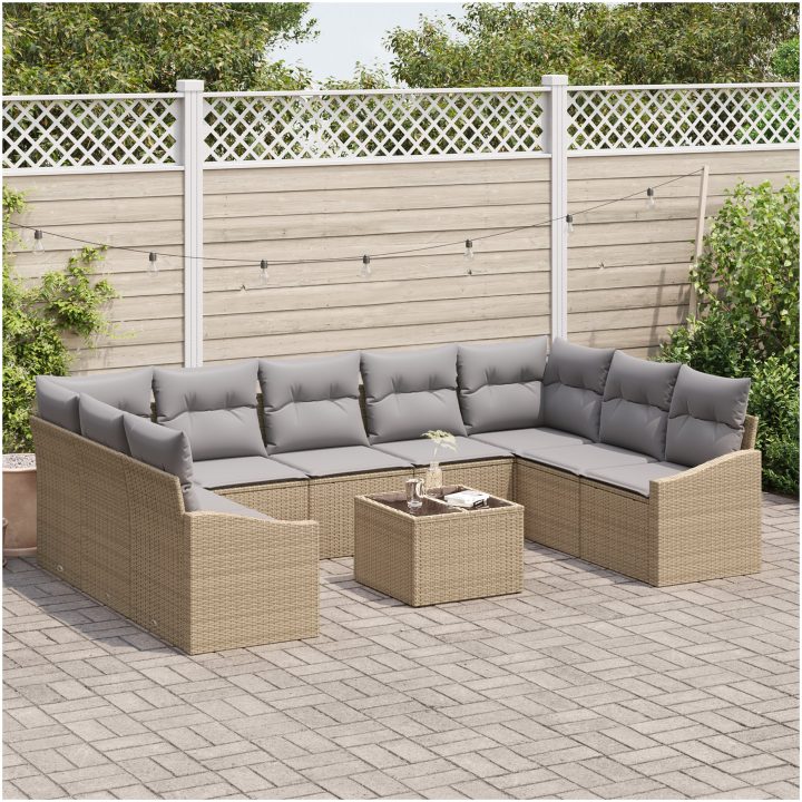 10-delad trädgårdsoff-set med kuddar svart poly rotting vidaXL 289 x 178.5 x 85 cm – bild 3