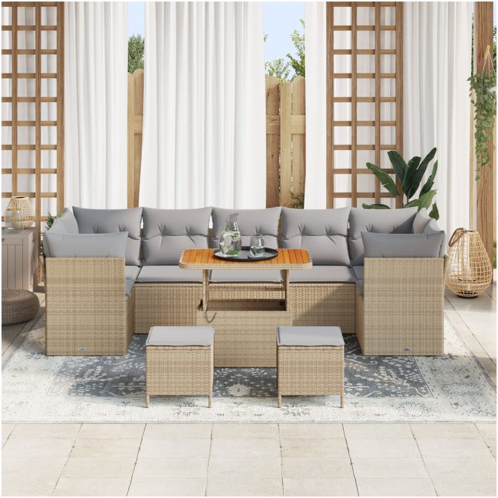 10-delad trädgårdsoffa med kuddar beige poly rotting akacia vidaXL Medium – bild 3