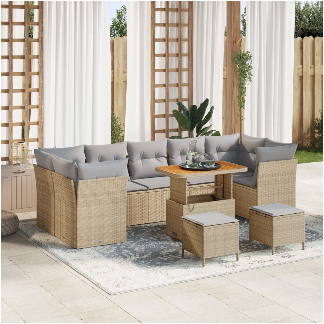 10-delad trädgårdsoffa med kuddar beige poly rotting akacia vidaXL Medium
