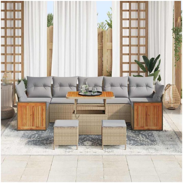 10-delad trädgårdsoffagrupp med kuddar beige poly rattan akaciaträ vidaXL Stor – bild 3