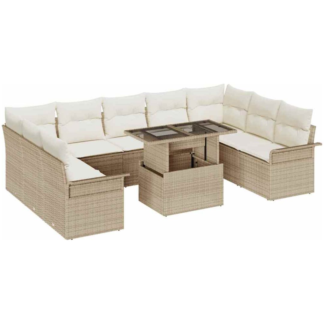 10-delad trädgårdsoffagrupp med kuddar Beige Poly Rattan vidaXL Stor