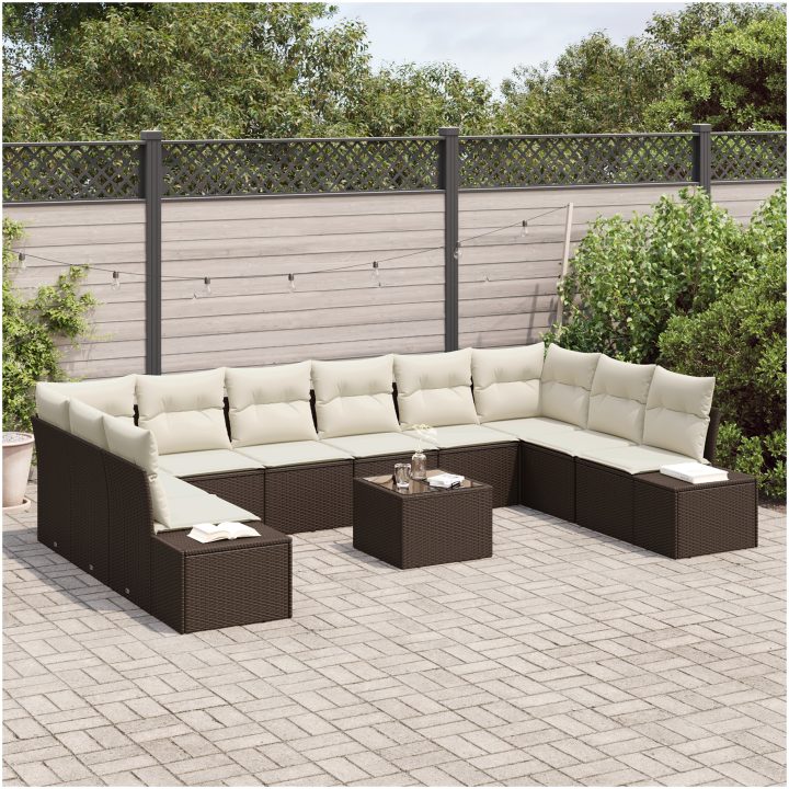10-delad trädgårdsoffagrupp med kuddar Grå Poly Rattan vidaXL 55 x 55 x 37 cm – bild 3