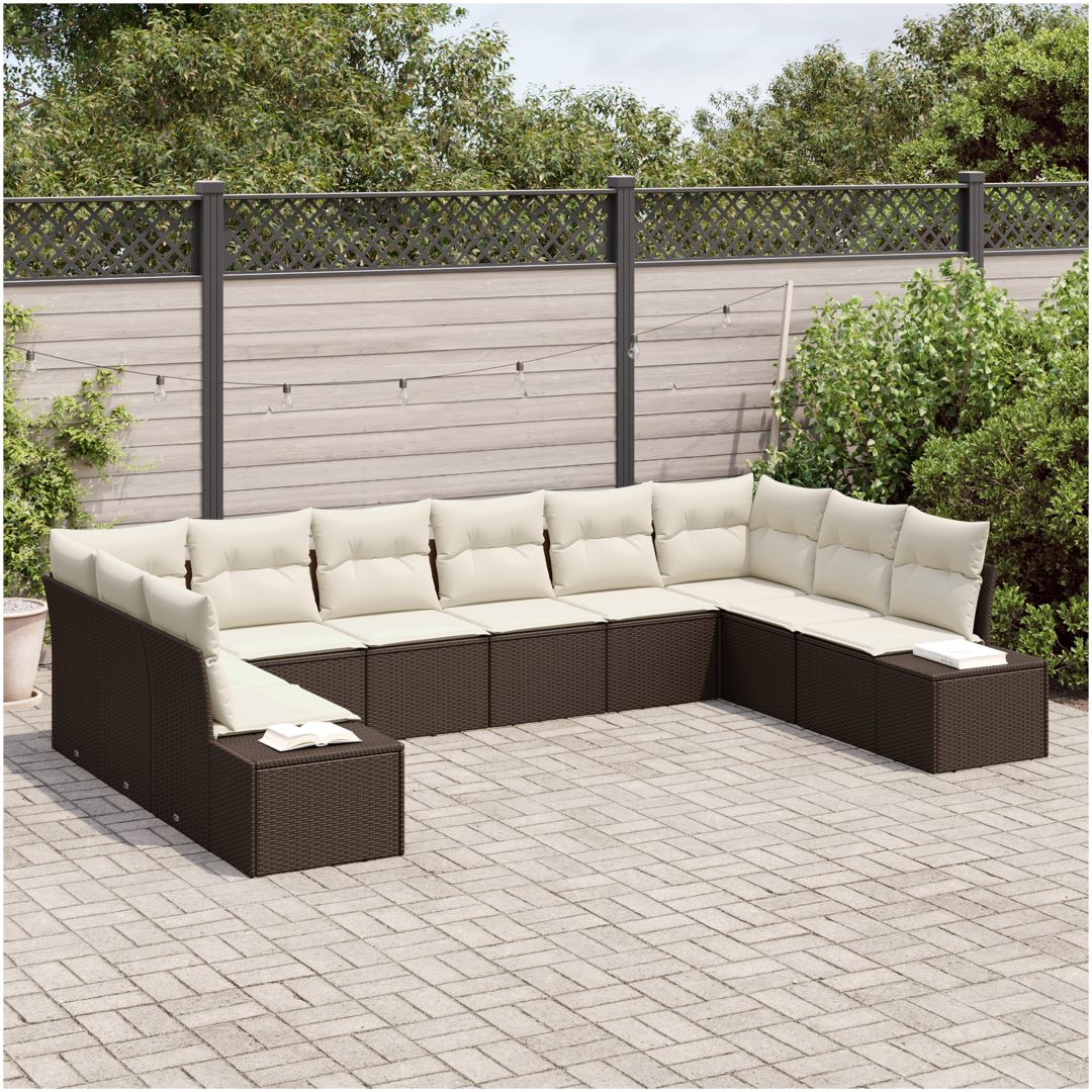 10-delad Trädgårdsoffagruppe med kuddar Brun poly rattan vidaXL 344 x 209 x 85 cm – bild 3