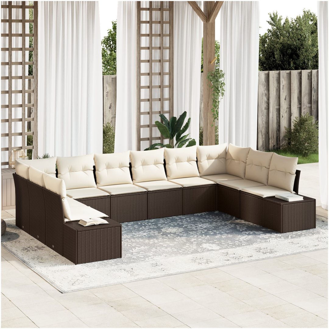 10-delad Trädgårdsoffagruppe med kuddar Brun poly rattan vidaXL 344 x 209 x 85 cm