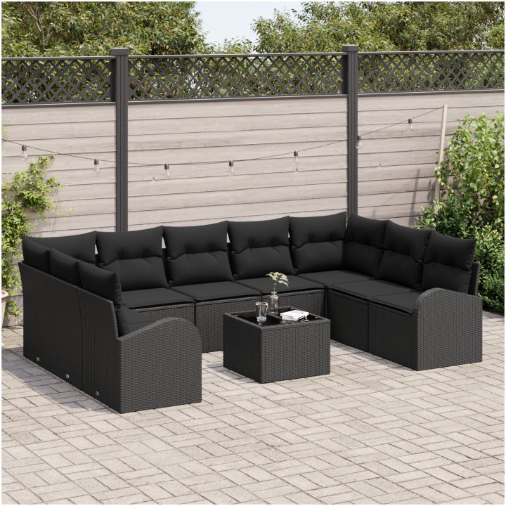 10-delad trädgårdsoffasett med kuddar beige polyroting vidaXL Stor – bild 3