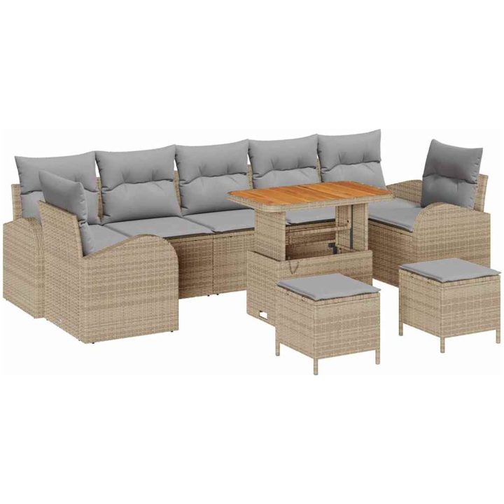 10-delad trädgårdsoffgrupp med kuddar beige poly rattan akacia vidaXL Stor – bild 2