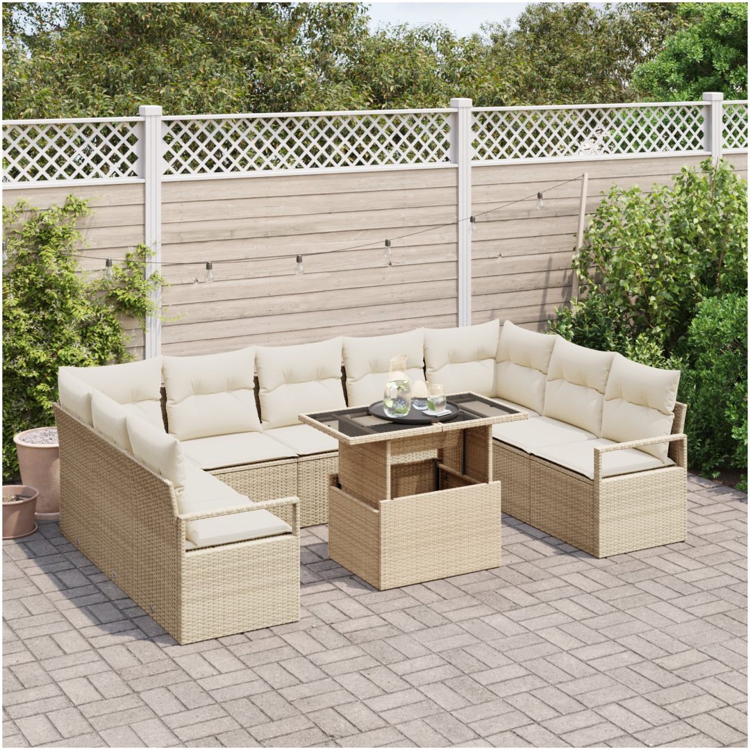 10-delad trädgårdsoffset med kuddar Beige Poly Rattan vidaXL Medium – bild 3