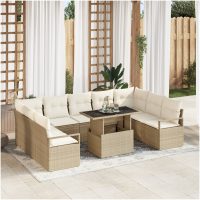 10-delad trädgårdsoffset med kuddar Beige Poly Rattan vidaXL