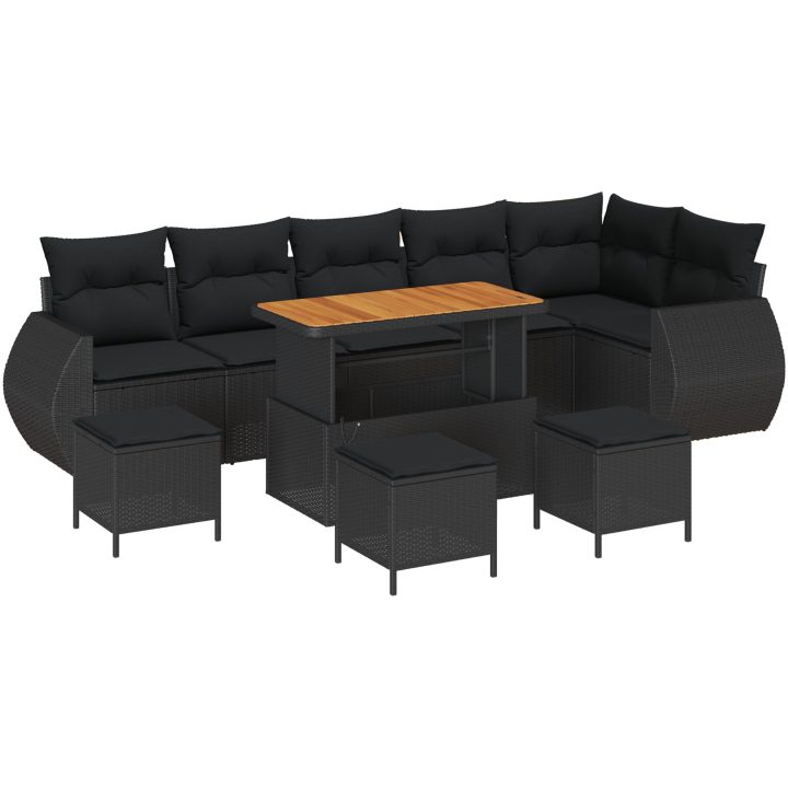 10-delad trädgårdsoffuppsättning med kuddar svart poly rattan akacia vidaXL Medium – bild 2