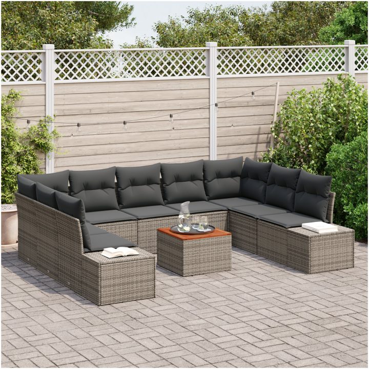 10-delad trädgårdssoffgrupp med kuddar i grå poly-rattan och akacia vidaXL 55 x 55 x 37 cm – bild 3