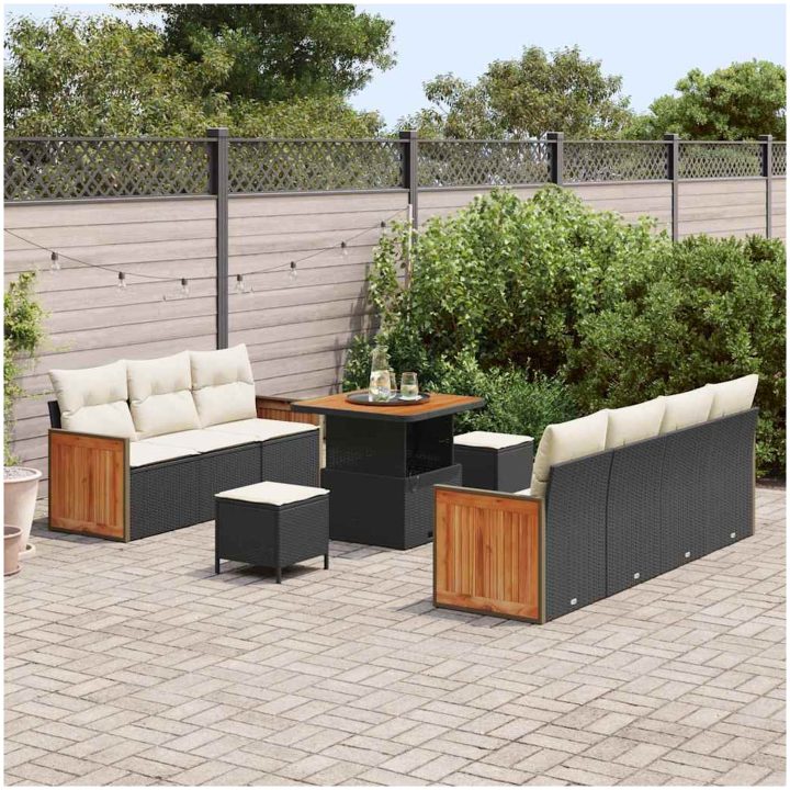 10-delad trädgårdsssofa set med kuddar svart poly rattan akacia vidaXL Stor – bild 3