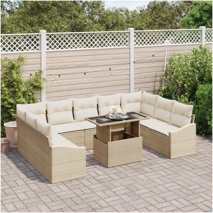 10-delad utemöbelgrupp med kuddar i beige polyrotting vidaXL 100 x 55 x 73 cm – bild 3