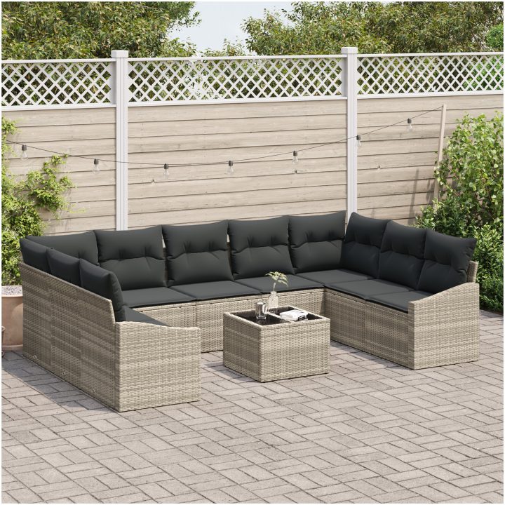 10-delade trädgårdsoffaset med kuddar Grå Poly Rotting vidaXL 289 x 178.5 x 85 cm – bild 3