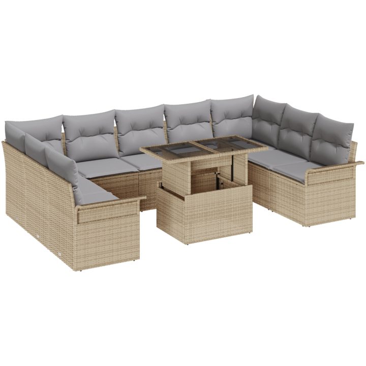 10-delar trädgårdsmöbelset med kuddar i beige polyrotting vidaXL 100 x 55 x 73 cm – bild 2