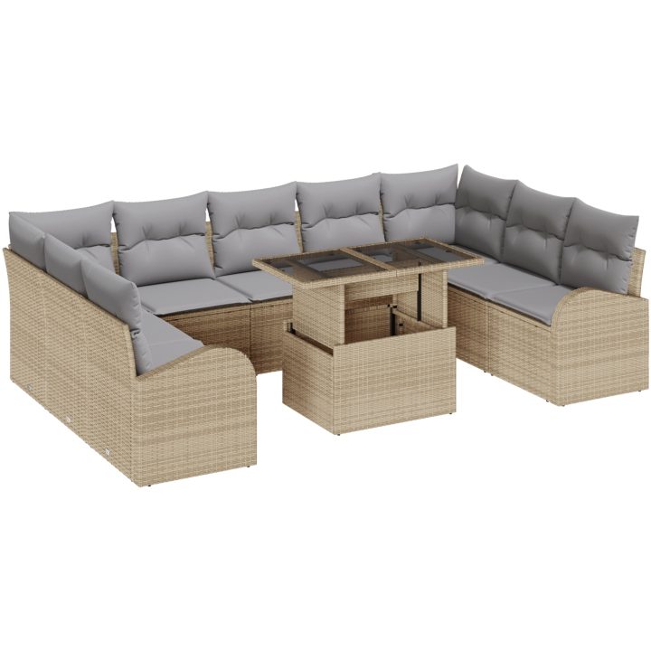 10 Delar Trädgårdsoff-set med Kuddar Beige Poly-Rotting vidaXL Stor – bild 2