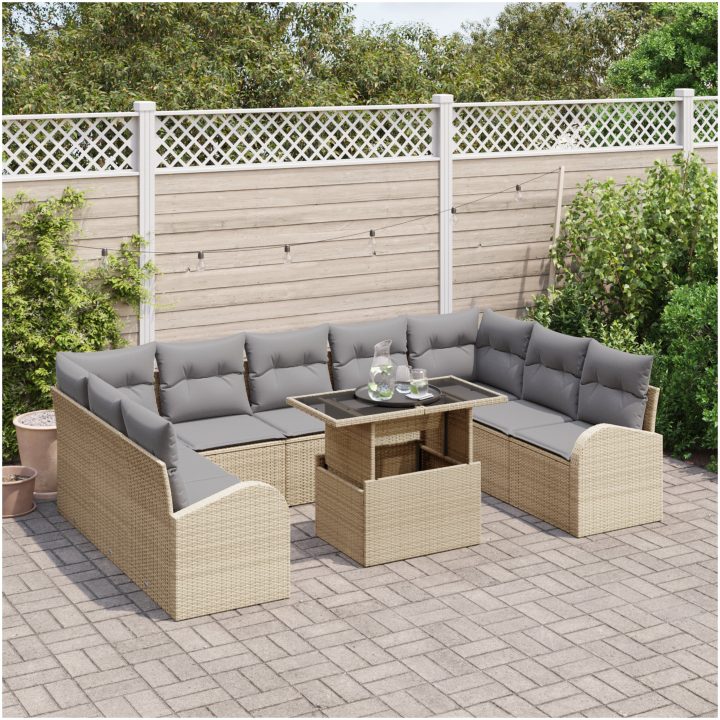 10 Delar Trädgårdsoff-set med Kuddar Beige Poly-Rotting vidaXL Stor – bild 3
