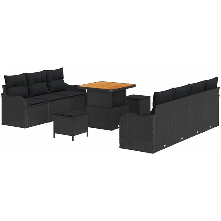 10 Delar Trädgårdsoff Set med Kuddar Svart Poly Rattan Akacia vidaXL Medium – bild 2