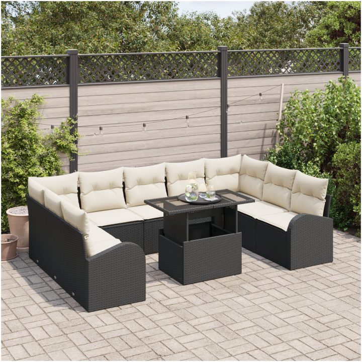 10 delar trädgårdsoff set med kuddar svart poly rotting vidaXL Stor – bild 3