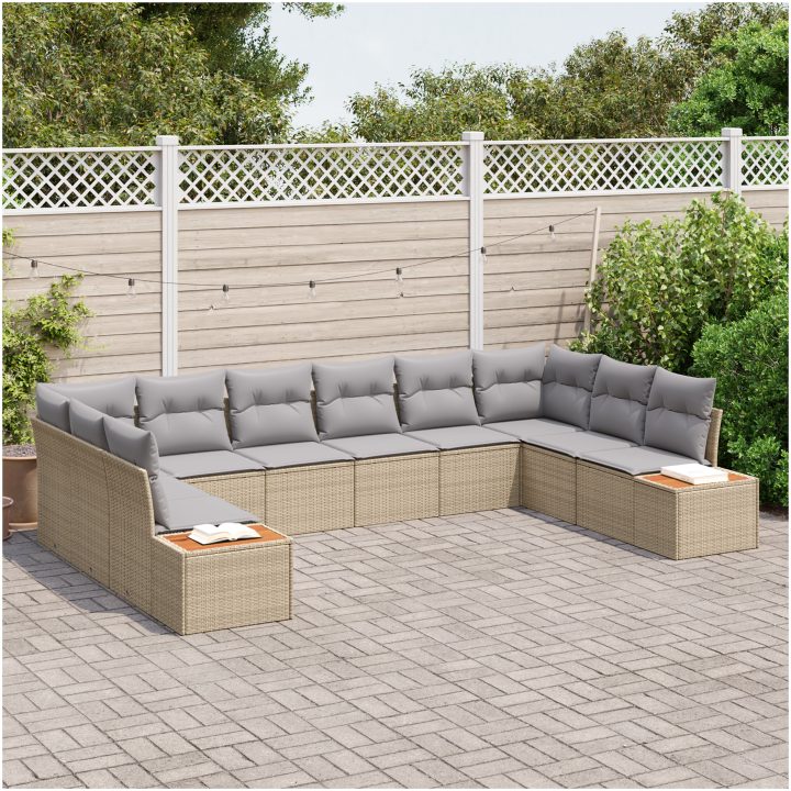 10 Delar Trädgårdsoffaset med Kuddar Beige Poly Rattan Akacia vidaXL 344 x 209 x 69 cm – bild 3