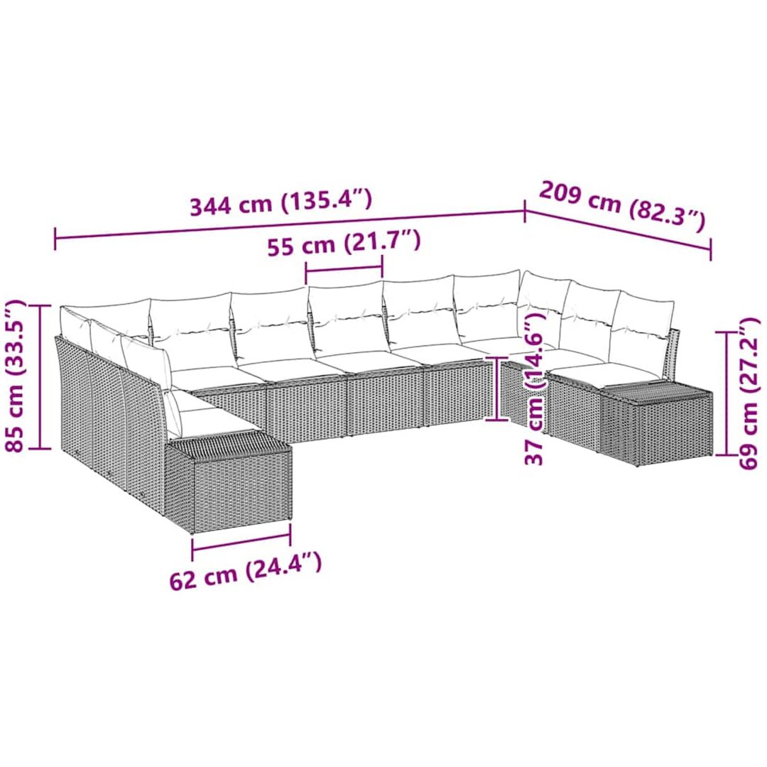 10 Delar Trädgårdsoffaset med kuddar Beige Poly Rattan vidaXL 344 x 209 x 85 cm – bild 12