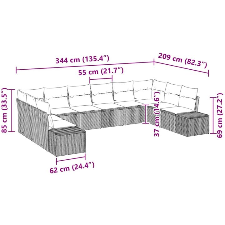 10 Delar Trädgårdsoffaset med kuddar Beige Poly Rattan vidaXL 344 x 209 x 85 cm – bild 12
