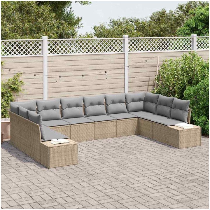10 Delar Trädgårdsoffaset med kuddar Beige Poly Rattan vidaXL 344 x 209 x 85 cm – bild 3