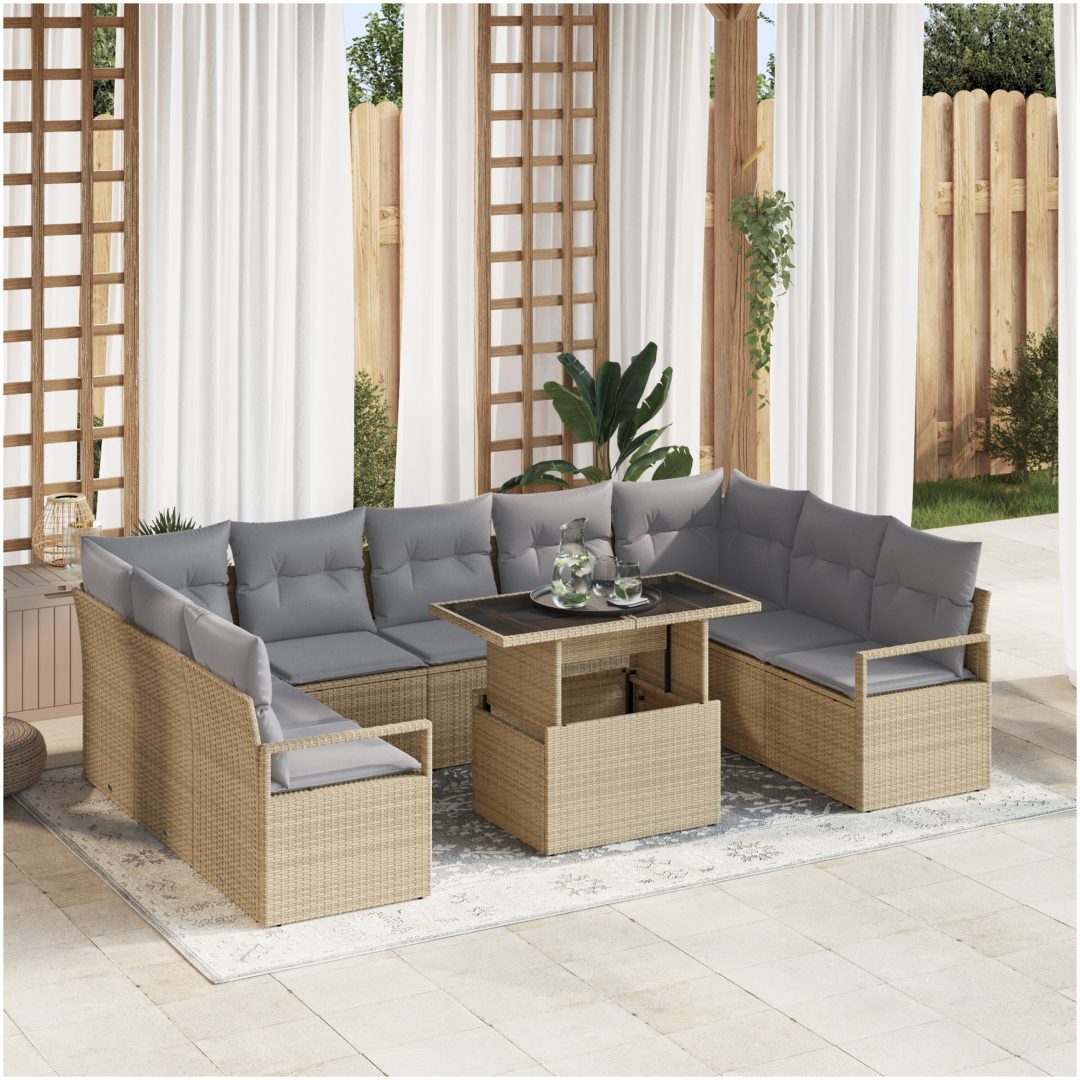 10 Delar Trädgårdsoffset med Kuddar Beige Poly Rattan vidaXL Stor