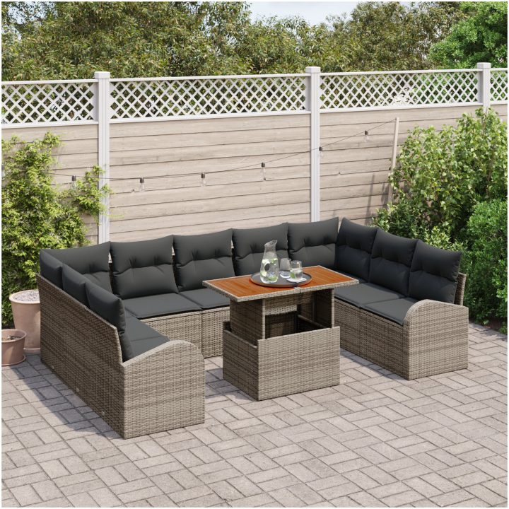10 Delar trädgårdssoffset med kuddar Grå Poly Rattan vidaXL Stor – bild 3