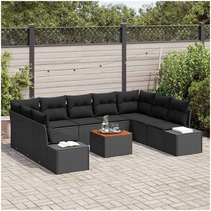 10-delars loungeset med kuddar i svart polyrotting och akacia vidaXL 55 x 55 x 37 cm – bild 3