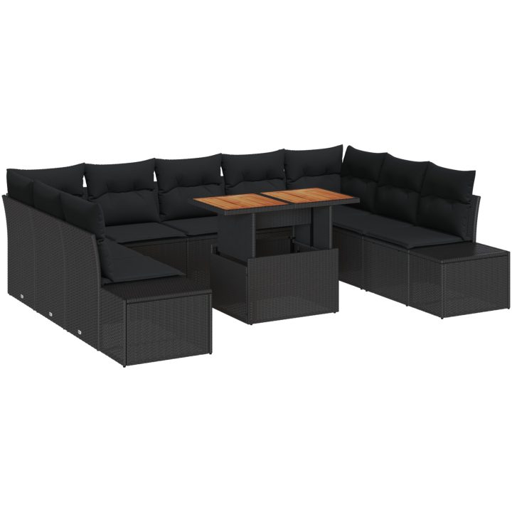 10-delars Matgrupp med Kuddar i svart poly rattan och akacia vidaXL 100 x 55 x 73 cm – bild 2