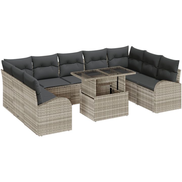 10-delars soffgrupp för trädgården med kuddar i ljusgrå poly-rattan vidaXL 100 x 55 x 73 cm – bild 2