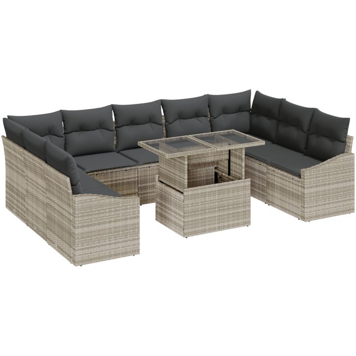 10-delars soffgrupp med kuddar, ljusgrå poly rattan vidaXL 100 x 55 x 73 cm – bild 2