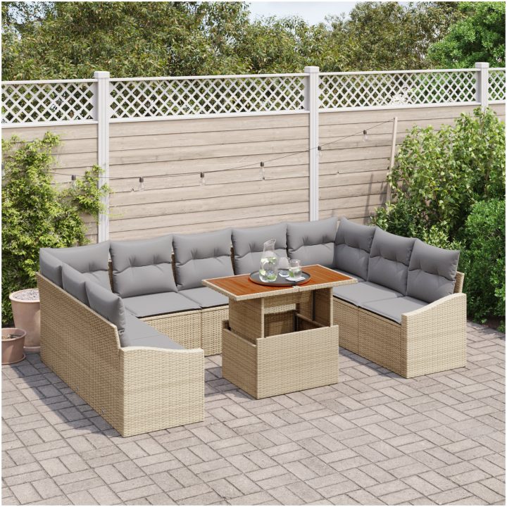 10-delars trädgårdsdining set med kuddar i beige polyrotting och akacia vidaXL 100 x 55 x 73 cm – bild 3