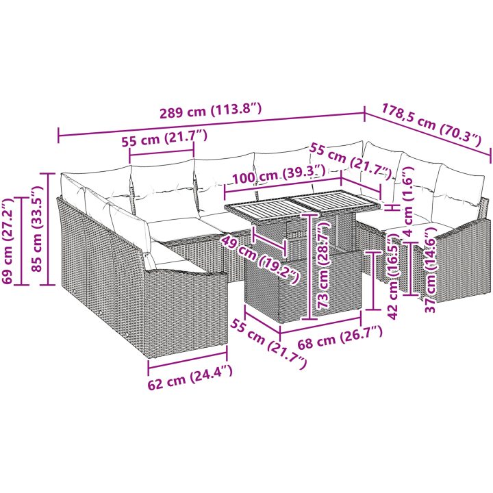 10-delars trädgårdsmatbord-set med kuddar i svart poly-rattan och akacia vidaXL 100 x 55 x 73 cm – bild 11