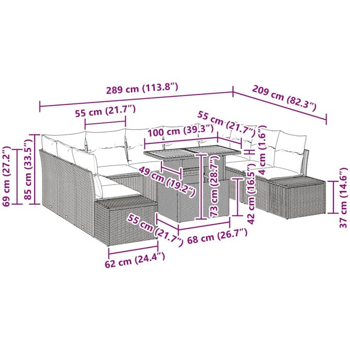 10-delars trädgårdsmatgrupp med kuddar i svart polyrotangrå akacia vidaXL 100 x 55 x 73 cm – bild 11