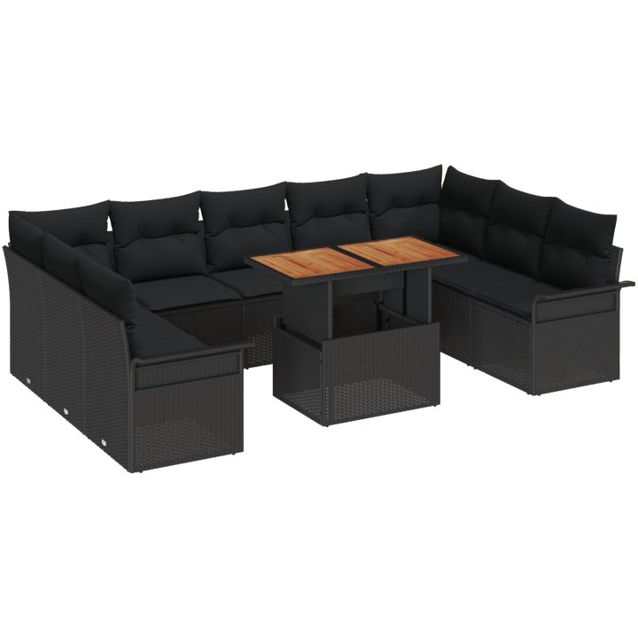 10-delars trädgårdsmatsalsset med kuddar, svart poly rattan och akacia vidaXL 100 x 55 x 73 cm – bild 2