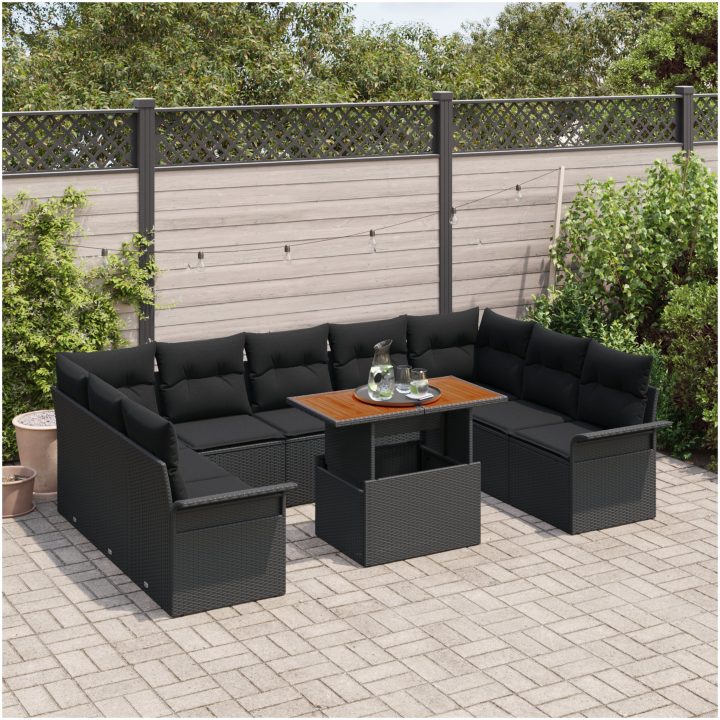 10-delars trädgårdsmatsalsset med kuddar, svart poly rattan och akacia vidaXL 100 x 55 x 73 cm – bild 3