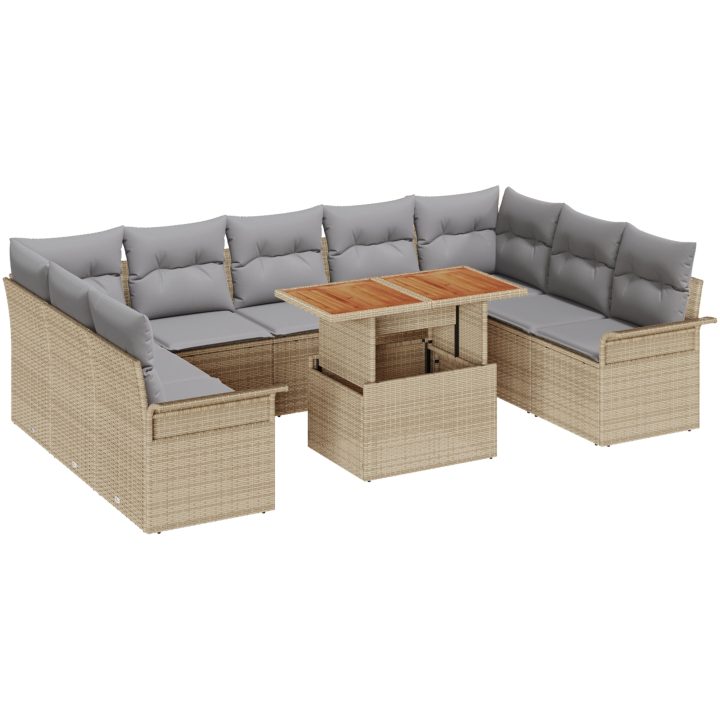 10-delars trädgårdsmöbelset med kuddar i beige, poly rattan och akacia. vidaXL 100 x 55 x 73 cm – bild 2