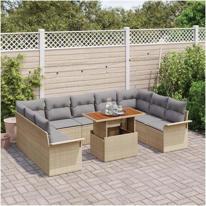 10-delars trädgårdsmöbelset med kuddar i beige, poly rattan och akacia. vidaXL 100 x 55 x 73 cm – bild 3