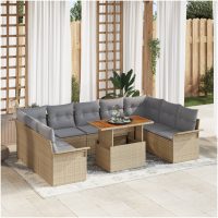 10-delars trädgårdsmöbelset med kuddar i beige, poly rattan och akacia. vidaXL