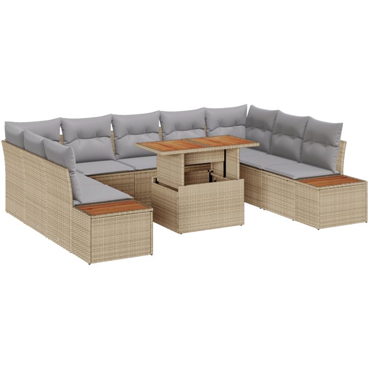 10-delars trädgårdsmöbelset med kuddar i beige polyrotting och akacia vidaXL 100 x 55 x 73 cm – bild 2
