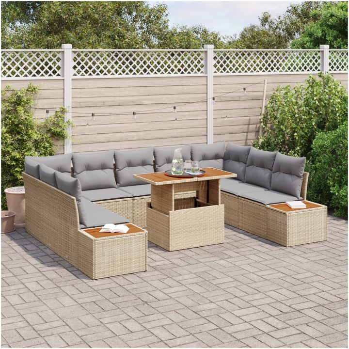 10-delars trädgårdsmöbelset med kuddar i beige polyrotting och akacia vidaXL 100 x 55 x 73 cm – bild 3