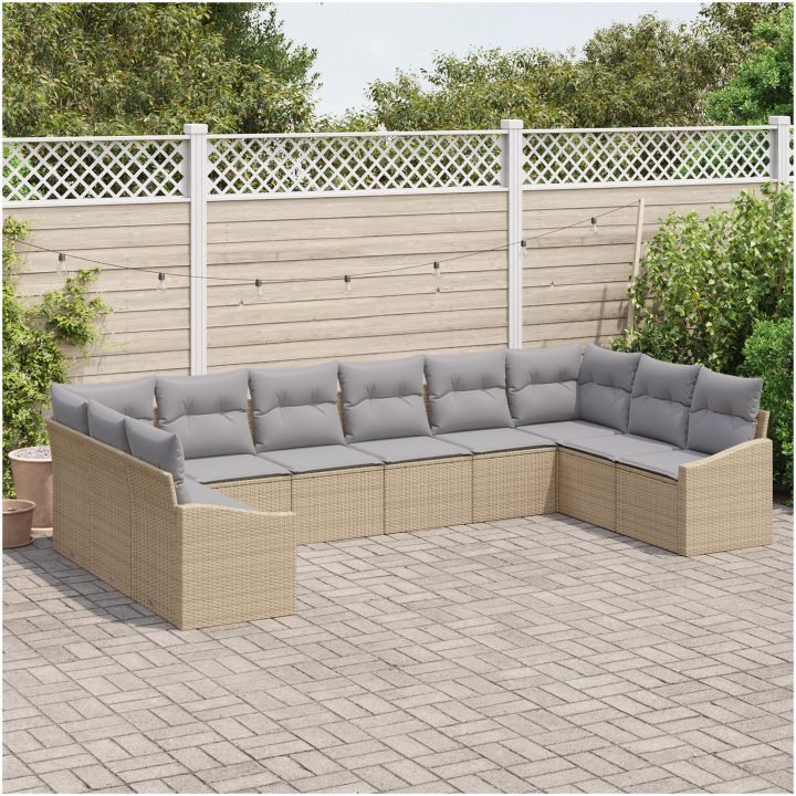 10-delars trädgårdsmöbelset med kuddar i beige polyrotting vidaXL 344 x 178,5 x 85 cm – bild 3