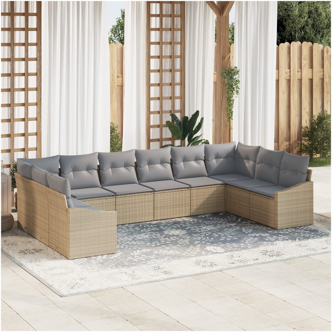 10-delars trädgårdsmöbelset med kuddar i beige polyrotting vidaXL 344 x 178,5 x 85 cm