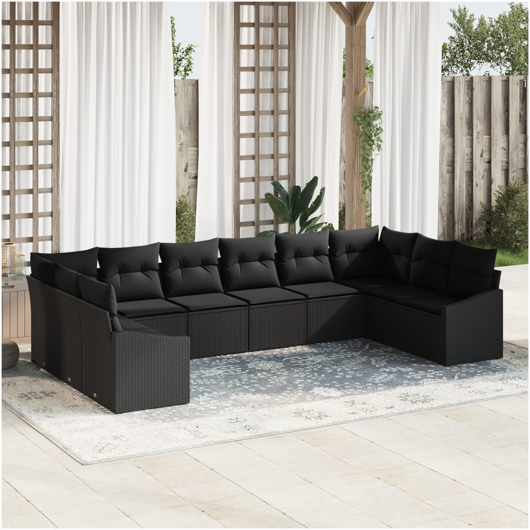 10-delars trädgårdsmöbelset med kuddar, svart polyrotting. vidaXL 344 x 178,5 x 85 cm